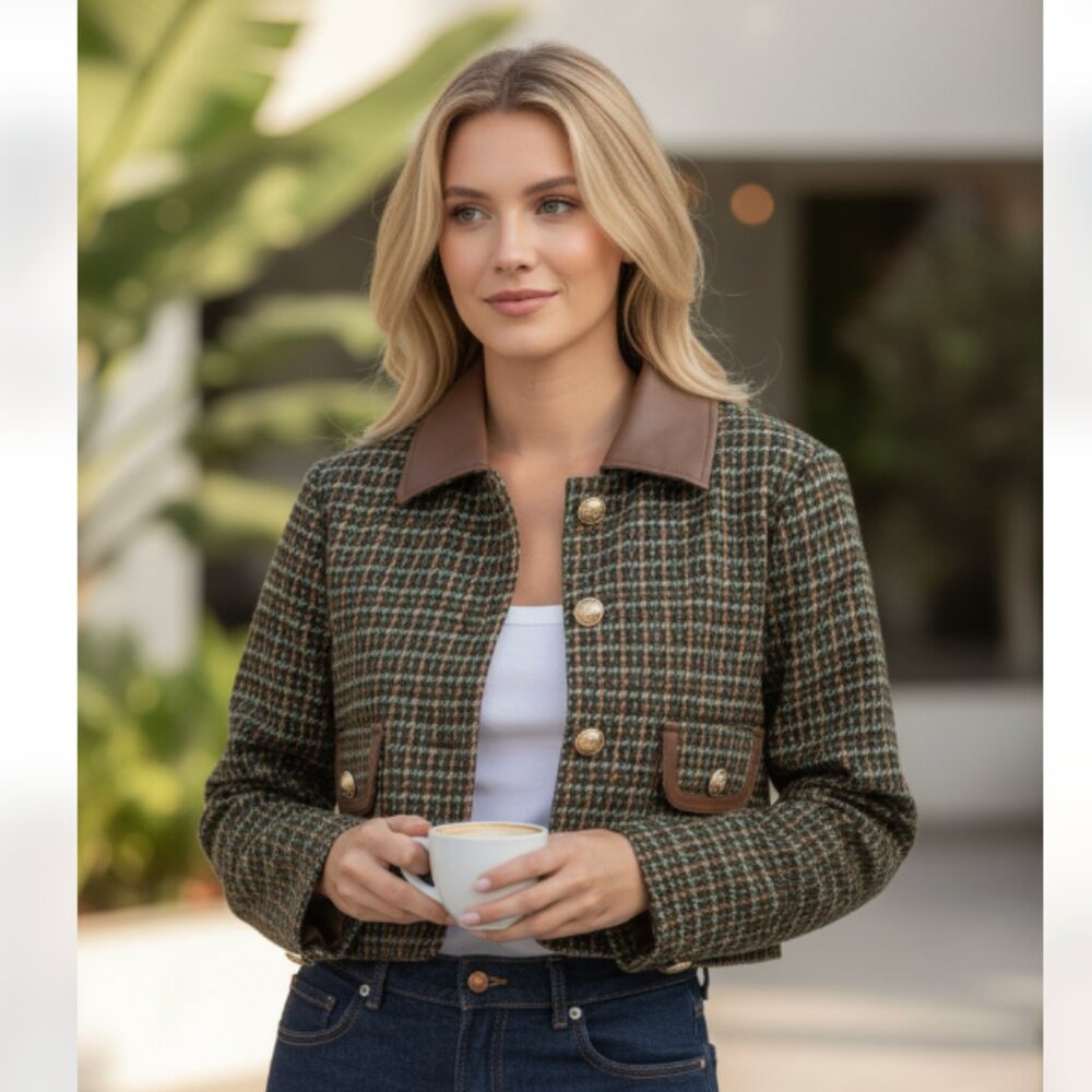 NWT BAGATELLE COLLECTION Houndstooth Jacquard Jacket With Faux Leather Collar L